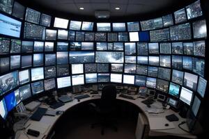 A large control room with multiple monitors photo