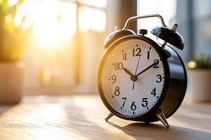 An alarm clock on a table in front of a window photo