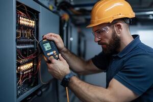 A man in a hard hat and helmet is using a multimeter photo