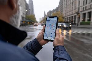 A man holding up a smartphone with a map on it photo