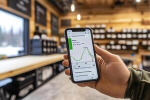 A person holding up a smartphone with a green bar on it photo
