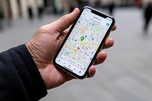 A person holding a smartphone with a map on it photo