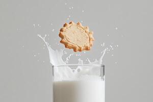 A cookie falling into a glass of milk photo