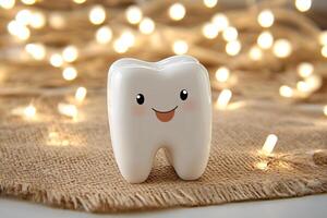 A tooth with a smiley face is sitting on a table photo