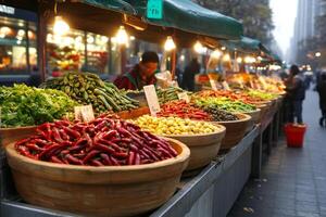 A street market with many different types of vegetables photo