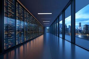 A long hallway with many rows of data on the wall photo