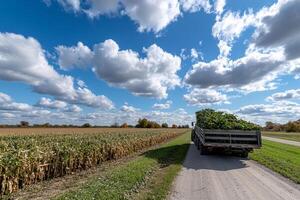 A truck is driving down a road with corn and clouds in the sky photo