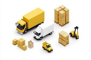 Isometric view of various types of trucks and boxes photo