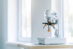 A microscope is on a table in front of a window photo