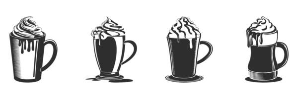 Coffee Mugs With Whipped Cream Silhouette Set. Beverage Art And Design Elements Isolated Illustration Collection vector