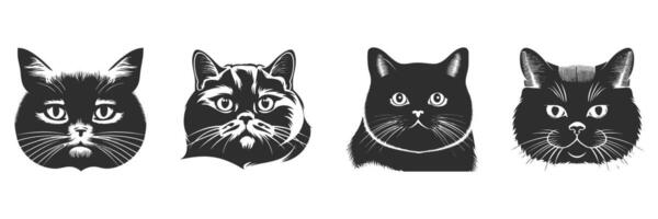 Cat Faces Silhouette Set. Feline Expressions And Breeds In Black And White Isolated Illustration Collection vector