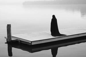 A person standing on a dock in the fog photo