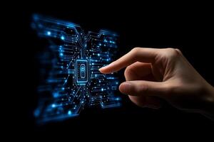 A hand is touching a circuit board with a digital image photo