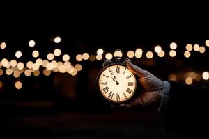 A person holding a clock in front of a background of lights photo