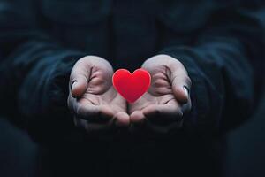 A person holding a red heart in their hands photo