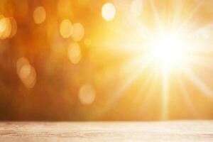 A wooden table with a bottle of water and a sun shining in the background photo