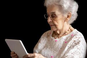 An older woman is using a tablet computer photo
