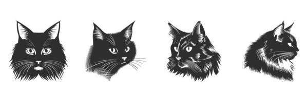 Cat Head Silhouettes Set. Feline Expressions And Profiles In Black And White. Isolated Illustration Collection vector
