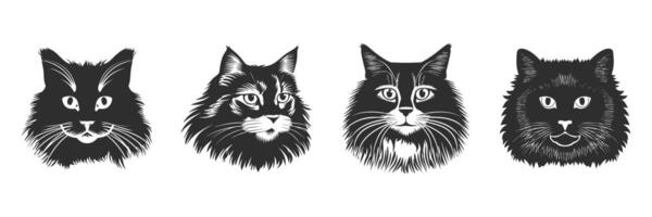 Cat Faces Silhouette Set. Feline Expressions And Features Isolated Illustration Collection vector
