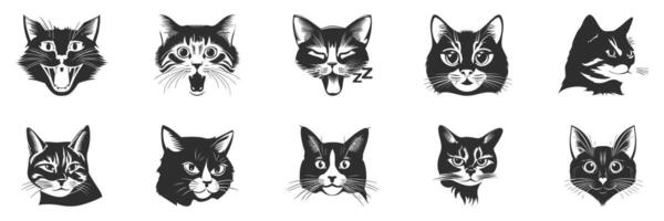 Cat Expressions. Diverse Feline Emotions And Moods Isolated Illustration Collection vector