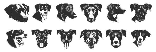 Dog Head Set. Various Breeds And Expressions In Black And White. Isolated Illustration Collection vector