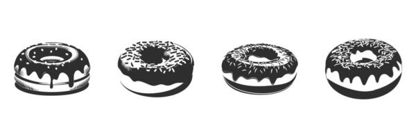Donut Silhouette Set. Variety Of Iced And Sprinkled Donuts In Black And White. Isolated Illustration Collection vector