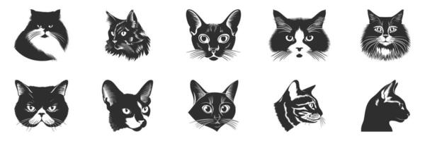 Cat Faces Silhouette Set. Diverse Feline Expressions And Breeds In Black And White. Isolated Illustration Collection vector