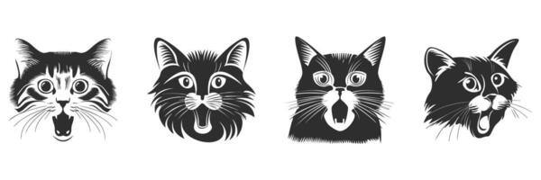 Cat Expressions Silhouette Set. Surprised Feline Faces In Black And White Isolated Illustration Collection vector