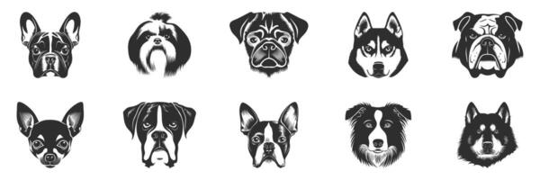 Dog Breed Faces Silhouette Set. Diverse Canine Head Illustrations For Pet Lovers And Design Projects. Isolated Illustration Collection vector