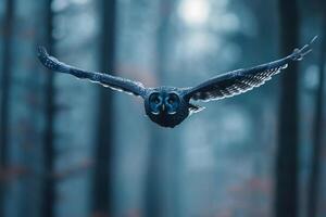 An owl flying through the forest with its eyes open photo