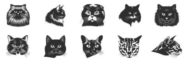 Cat Faces Silhouette Set. Diverse Cat Breeds And Expressions Isolated Illustration Collection vector