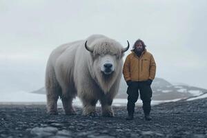 A man standing next to a yak in the snow photo