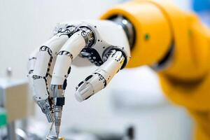 A robotic hand is holding a piece of metal photo