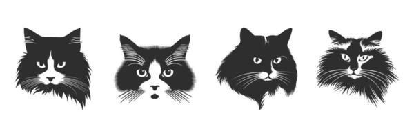 Cat Face Silhouettes Set. Feline Expressions And Styles Isolated Illustration Collection vector