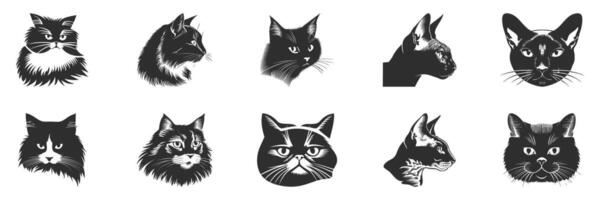 Cat Faces Silhouette Set. Diverse Feline Expressions And Breeds Isolated Illustration Collection vector