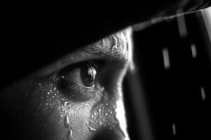 A person looking out the window with a rain drop on their eye photo
