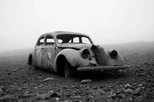 An old car sits in the middle of a field photo