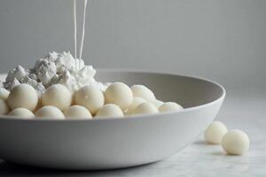 A bowl of white balls being poured with milk photo