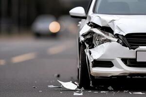 A white car with a smashed front end photo