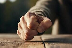 A person's hand is pointing at something on a table photo