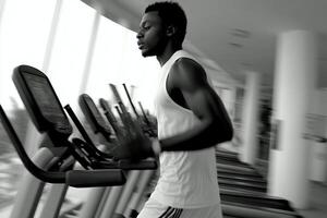 A man is running on a treadmill in a gym photo