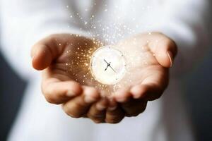 A person holding a clock with sparkles coming out of it photo