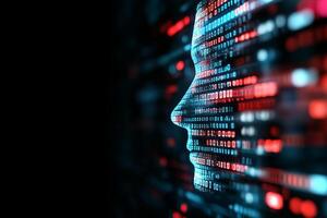 The face of a man is surrounded by binary code photo