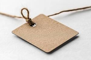 A brown square tag with a string photo