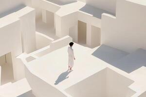A man standing in a white building with a white floor photo