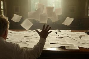 A man sitting at a table with papers flying in the air photo
