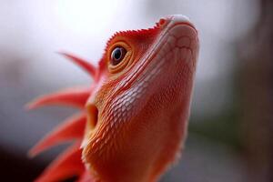 A close up of a red lizard with its head turned to the side photo