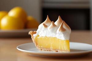 A slice of lemon meringue pie on a plate photo