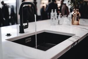 A sink with a faucet running into it photo