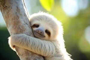 A baby sloth is hugging a tree branch photo